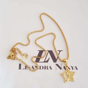 Colar Pingente Estrela Banho Ouro Elo Meia Cana-334 Corrente Aço