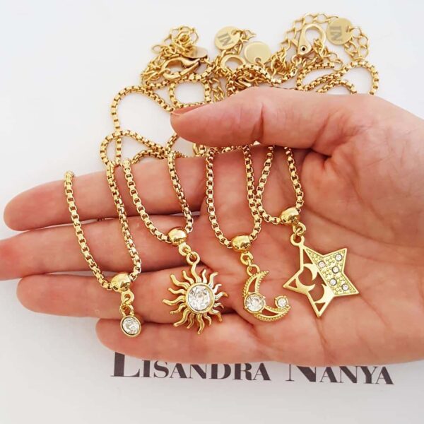 Conjunto 4 Colares Pingentes Sol Lua Estrela Luz Banho Ouro Elo Meia Cana-334