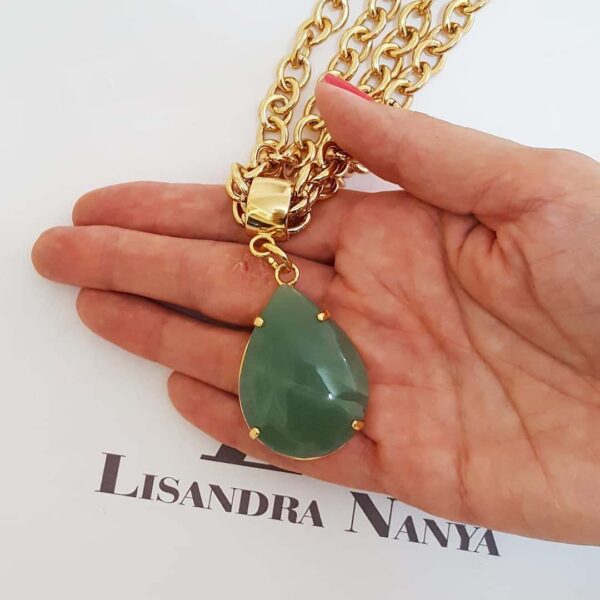 Colar Pedra Mineral Quartzo Verde Gota Banho Ouro Elo Português-106