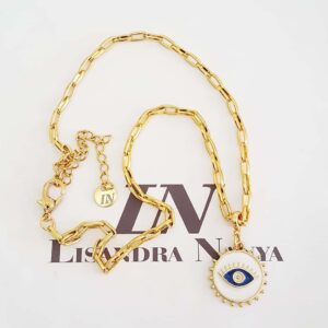 Colar Olho Grego Branco Banho Ouro Elo Retangular -412 Corrente Aço