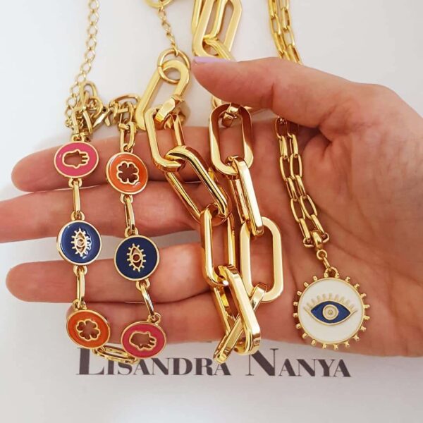 Conjunto 3 Colares Banho Ouro Hamsa Olho Trevo Corrente Metal