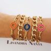 Pulseira Olho Grego Azul Banho Ouro Corrente Aço Banho Elo Oval-425 Fecho Mosquete