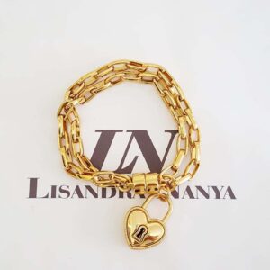 Pulseira Pingente Mini Coração Fechadura e Chave Banho Ouro Elo Alternado