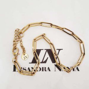 Colar Choker Elo Retangular-424 Longo Fino Corrente Aço Banho Ouro