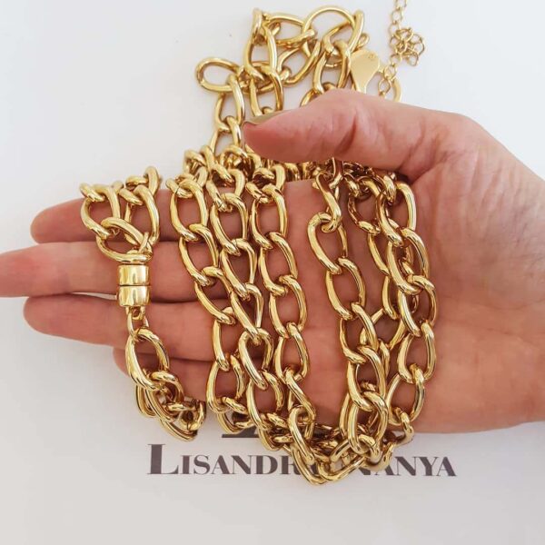 Conjunto Banho Ouro Colar + Pulseira Elos Grumet Grandes Banho