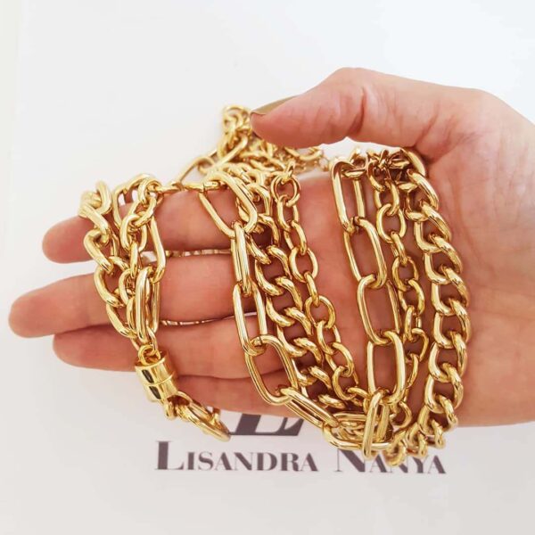 Conjunto Banho Ouro Colar + Pulseira 3 Voltas Correntes Mistas