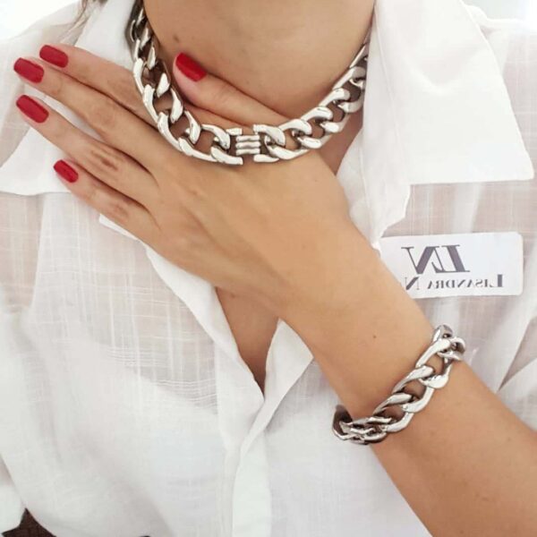 8388a Conjunto Pulseira + Colar Elo Grumet Trabalhado Desconectável Banho Prateado