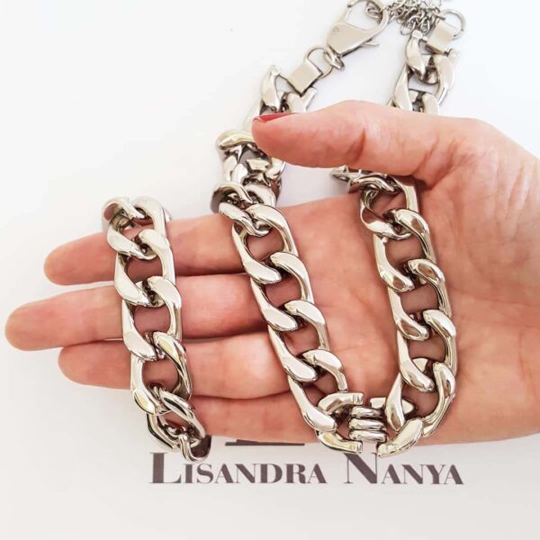 8388e Conjunto Pulseira + Colar Elo Grumet Trabalhado Desconectável Banho Prateado