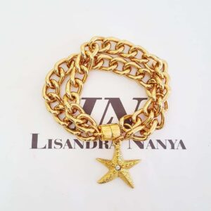 Pulseira Estrela do Mar Banho Ouro 2 Voltas Corrente Aço Elo Grumet-117