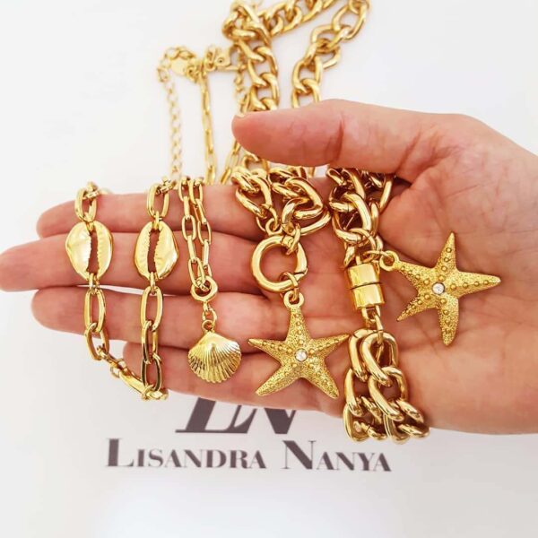 Conjunto Banho Ouro 3 Colares Motivo Mar/Praia + Pulseira Estrela do Mar