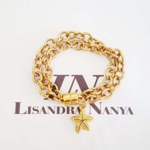 Pulseira Estrela do Mar Banho Ouro 2 Voltas Corrente Elo Cadeado-22 Fecho Ímã