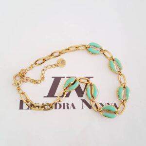 Colar Vários Búzios Turquesas Banho Ouro Elo Oval Pequeno Corrente Aço