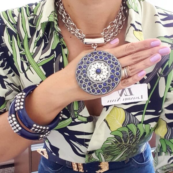 8408a Colar Tibetano 4 Voltas Prateado Pingente Tibetano Caquinho Cerâmica Azul