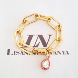 Pulseira Elo Retangular Gigante Banho Ouro Pingente Gota Cristal Fecho Ímã