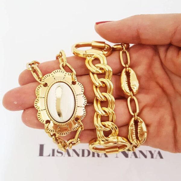 Conjunto 3 Pulseiras Tema Verão Búzios Banho Ouro Corrente Aço Fecho Ímã