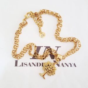 Colar Árvore da Vida Pequena (22mm) Banho Ouro 2 Voltas Corrente Aço Elo Português-130 