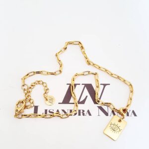 Colar Elo Retangular-412 Plaquinha Olho Grego Banho Ouro