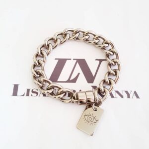 Pulseira Plaquinha Olho Grego Banho Prateado Elo Grumet-117