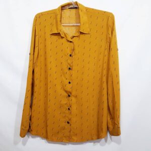 Camisa Feminina Tradicional Manga Longa Mostarda Estampada