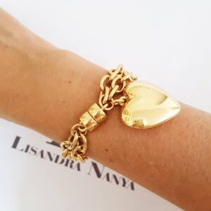 Pulseira Pingente Coração Gorducho Banho Ouro Elo Cadeado-22