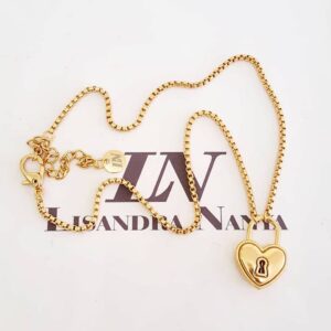 Colar Choker Cadeado Fechadura Coração Banho Ouro Elo Meia Cana