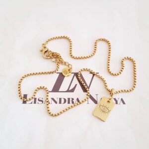 Colar Dourado Longo Pingente Placa Olho Grego