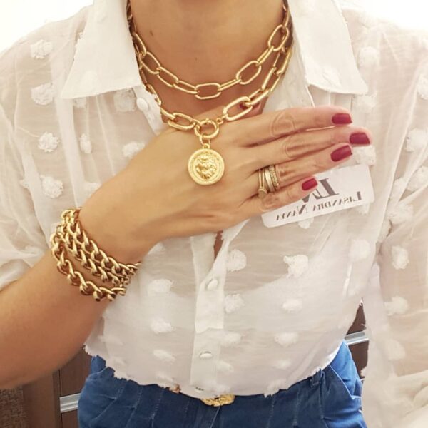 Conjunto 2 Colares Combinação Leão de Judá Banho Ouro Elos Ovais Grandes