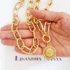 Conjunto 2 Colares Combinação Leão de Judá Banho Ouro Elos Ovais Grandes