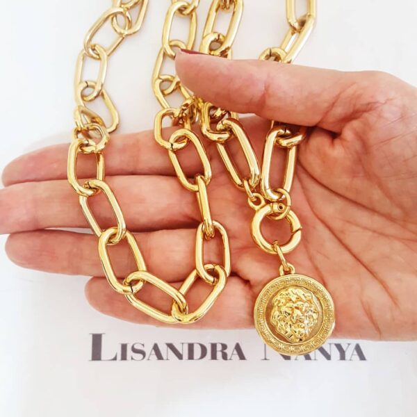 Conjunto 2 Colares Combinação Leão de Judá Banho Ouro Elos Ovais Grandes