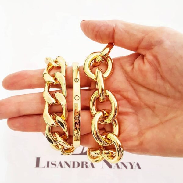 Conjunto 3 Pulseiras Elos Grandes Redondos Grumet Rígida Banho Ouro