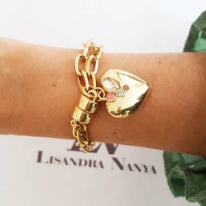 Pulseira Pingente Coração Pedrinhas Coloridas Banho Ouro Elo Oval-425