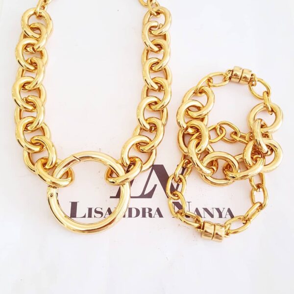 8499b Conjunto Colar + 3 Pulseiras Banho Ouro Combinação Elos Redondos