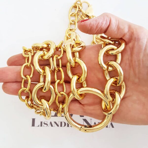 Conjunto Colar Curto Dourado + 3 Pulseiras (8499) Conjunto Colar + 3 Pulseiras Banho Ouro Combinação Elos Redondos