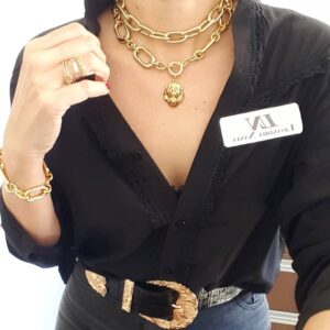 Conjunto Combinado Pulseira + 2 Colares Elos Ovais Grandes Pingente Leão Banho Ouro