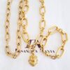 Conjunto Combinado Pulseira + 2 Colares Elos Ovais Grandes Pingente Leão Banho Ouro