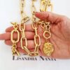 Conjunto Combinado Pulseira + 2 Colares Elos Ovais Grandes Pingente Leão Banho Ouro