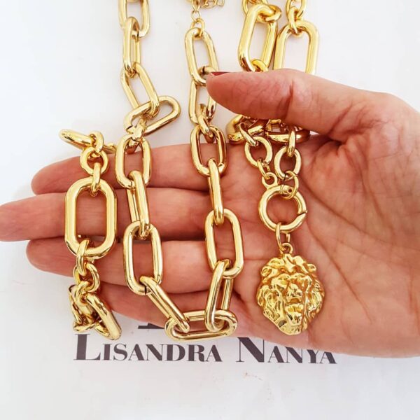 Conjunto Combinado Pulseira + 2 Colares Elos Ovais Grandes Pingente Leão Banho Ouro