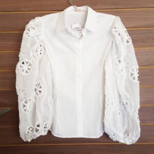 Camisa Manga Bufante Longa Branca Renda Trabalhada