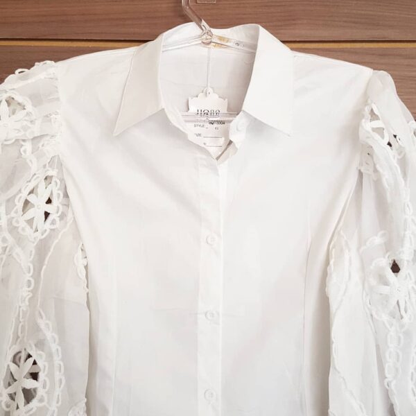 Camisa Manga Bufante Longa Branca Renda Trabalhada
