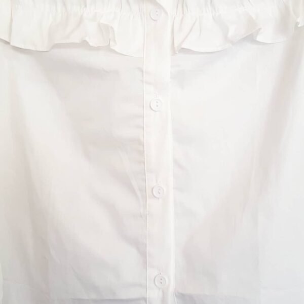Camisa Feminina Manga Longa Branca Babados Ombro e Frente