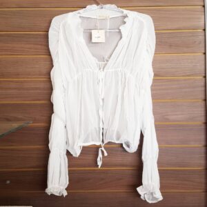 Blusa Feminina Manga Longa Branca Transparente Amarração Frontal