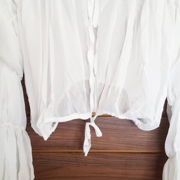 Blusa Feminina Manga Longa Branca Transparente Amarração Frontal