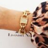Pulseira Elo Retangular Grande Metal Banho Ouro Cadeado c/ Strass 