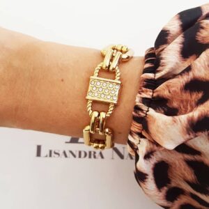 Pulseira Elo Retangular Grande Metal Banho Ouro Cadeado c/ Strass 