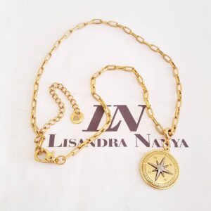 Colar Pingente Rosa dos Ventos Banho Ouro Elo Retangular-412 Corrente Aço