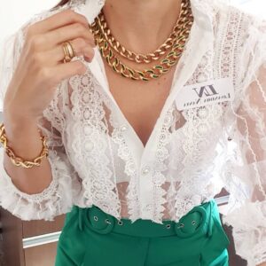 Conjunto Banho Ouro Pulseira + 2 Colares Corrente Grossa Diamantada