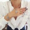 Conjunto Prateado Árvore da Vida Colar Curto + Pulseira Fecho Ímã (8519) Conjunto Árvore da Vida Pequena Colar + Pulseira Banho Prateado Corrente Aço