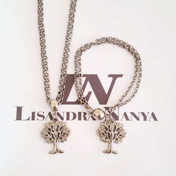Conjunto Prateado Árvore da Vida Colar Curto 50cm + Pulseira Fecho Ímã 20cm Conjunto Árvore da Vida Pequena Colar + Pulseira Banho Prateado Corrente Aço
