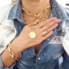 Pulseira Elo Retangular Grande Intercalado Metal Banho Ouro Fecho Ímã 18cm