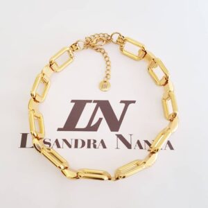 Colar Elo Retangular Grande Intercalado Metal Banho Ouro 32cm